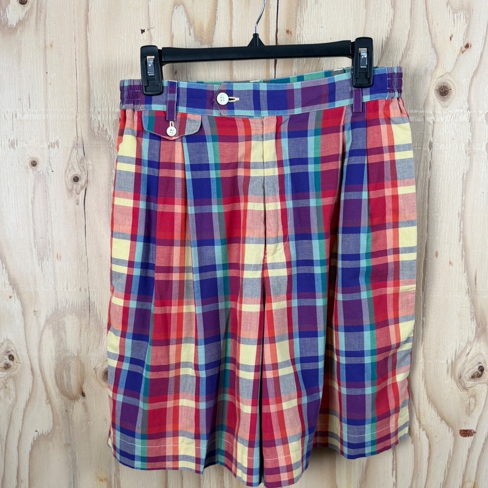 Vintage‎ 80's Lizsport Plaid Shorts Women's 14 Multicolor Cotton Pleated Bermuda